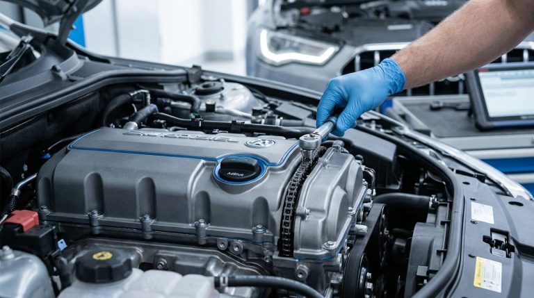 Un mécanicien en gants bleus répare la chaîne de distribution d'un moteur 1.5 BlueHDi dans un garage automobile.
