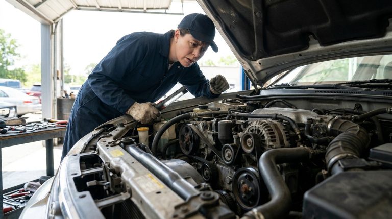 Un mécanicien en combinaison bleue examine le moteur ouvert d'une voiture avec une lampe torche dans un garage.