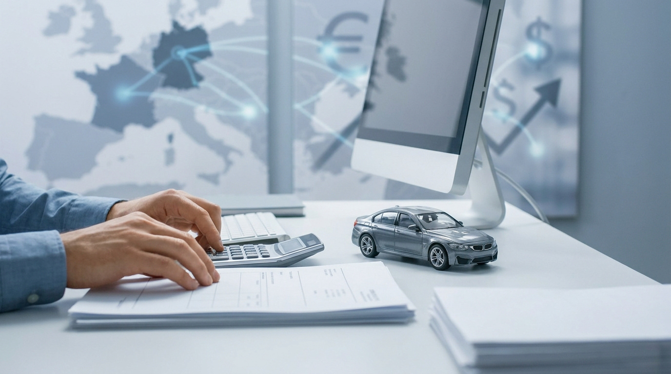 Personne utilisant une calculatrice devant une miniature de voiture, un ordinateur et une carte du monde en arrière-plan.