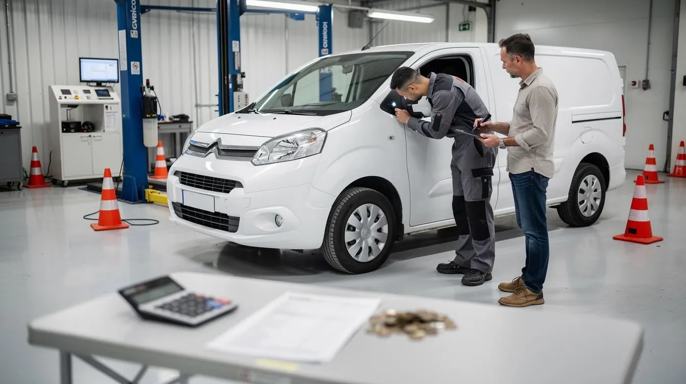 Contrôleur technique inspectant un véhicule utilitaire blanc dans un centre de contrôle technique