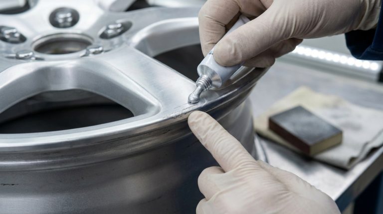 Mains gantées appliquant du mastic de réparation sur une rayure profonde d'une jante de voiture en aluminium.