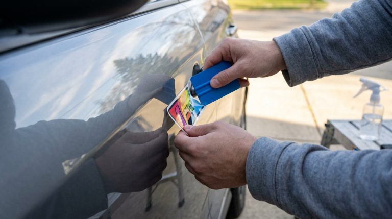 Gros plan sur des mains utilisant une raclette bleue pour décoller un autocollant coloré de la carrosserie d'une voiture.