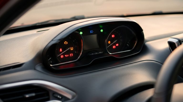 Gros plan sur le tableau de bord d'une Peugeot 208 montrant plusieurs voyants d'alerte allumés.