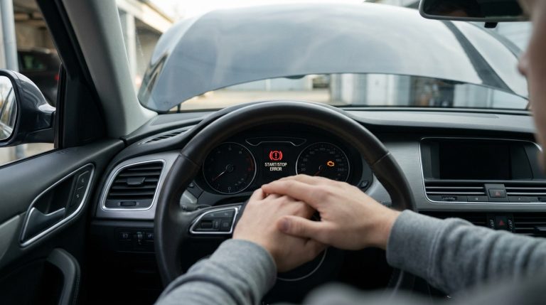 Tableau de bord de voiture affichant un message d'erreur Start/Stop avec un conducteur inquiet au volant.