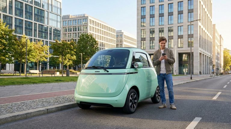 Un homme debout près d'une petite voiture électrique Microlino vert menthe garée dans une rue urbaine moderne.