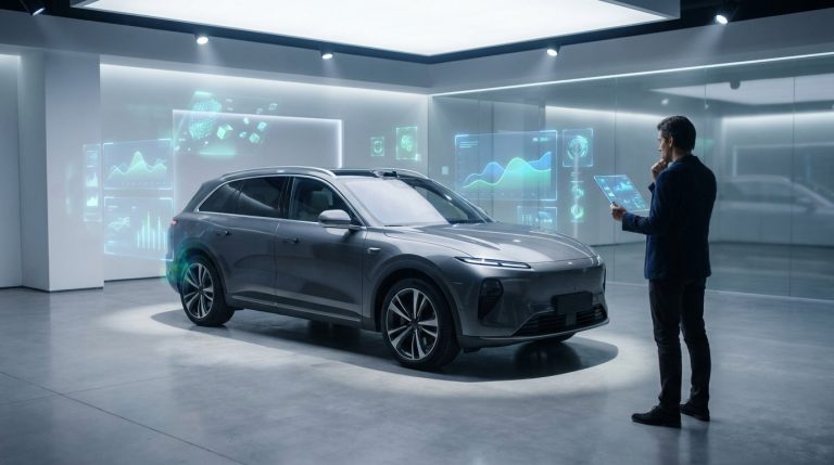 Un ingénieur analyse les données d'un SUV gris moderne via une interface holographique dans un studio futuriste.