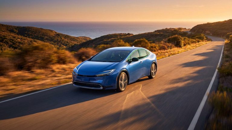 Une voiture hybride bleue roule sur une route côtière ensoleillée au coucher du soleil.