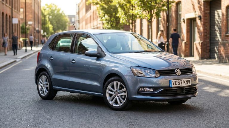 Une Volkswagen Polo grise garée dans une rue pavée bordée de bâtiments en briques avec des piétons en arrière-plan.