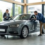 Un vendeur présente une voiture grise à un client dans un showroom automobile moderne.