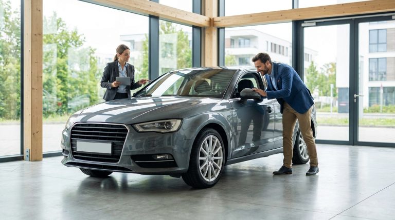 Un vendeur présente une voiture grise à un client dans un showroom automobile moderne.