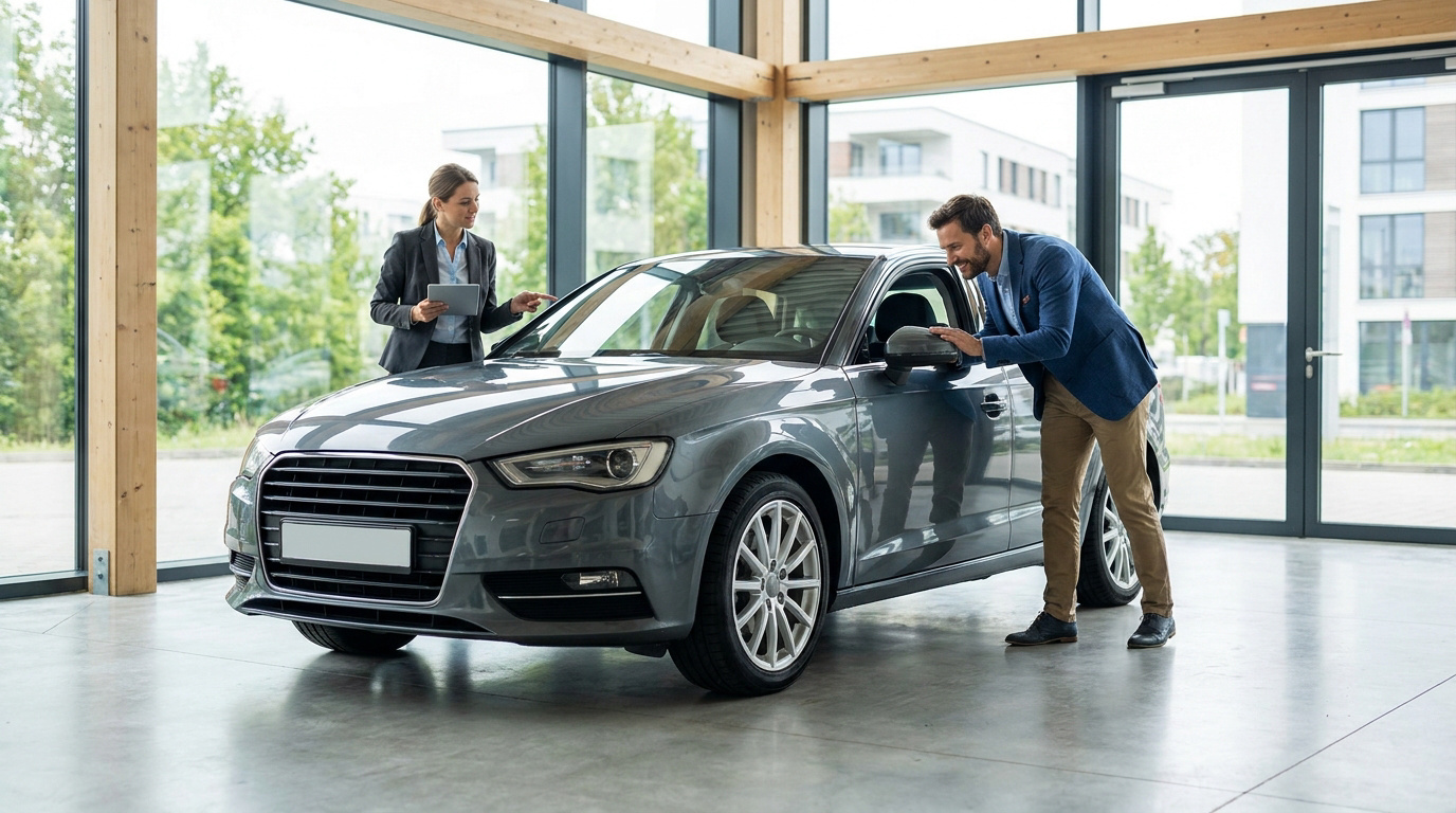 Un vendeur présente une voiture grise à un client dans un showroom automobile moderne.