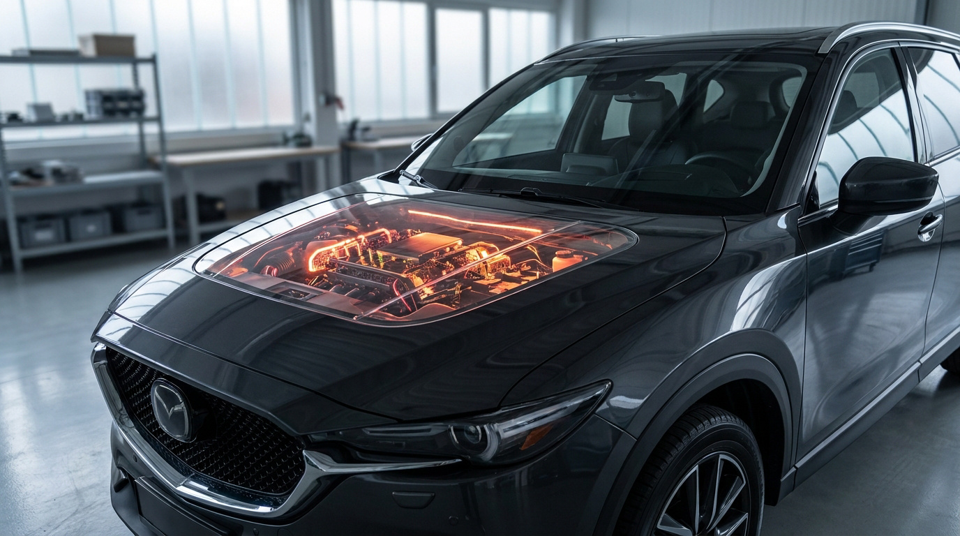 Une voiture grise avec un capot transparent révélant un moteur futuriste lumineux à l'intérieur d'un atelier.