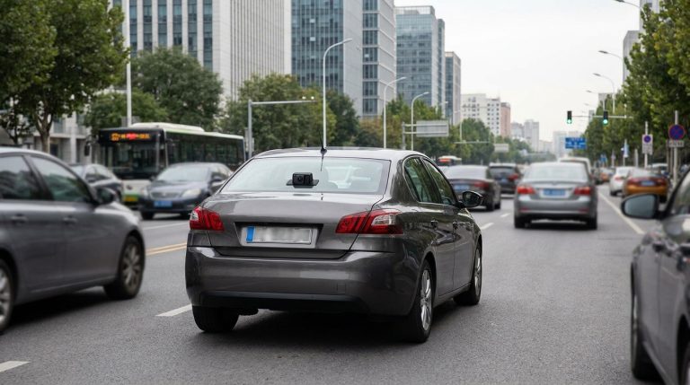 Vue arrière d'une voiture grise circulant en ville avec une caméra fixée sur la plage arrière.