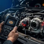 Mécanicien utilisant un scanner OBD2 pour diagnostiquer le code défaut P2562 sur le turbocompresseur d'un moteur Peugeot HDi en atelier.