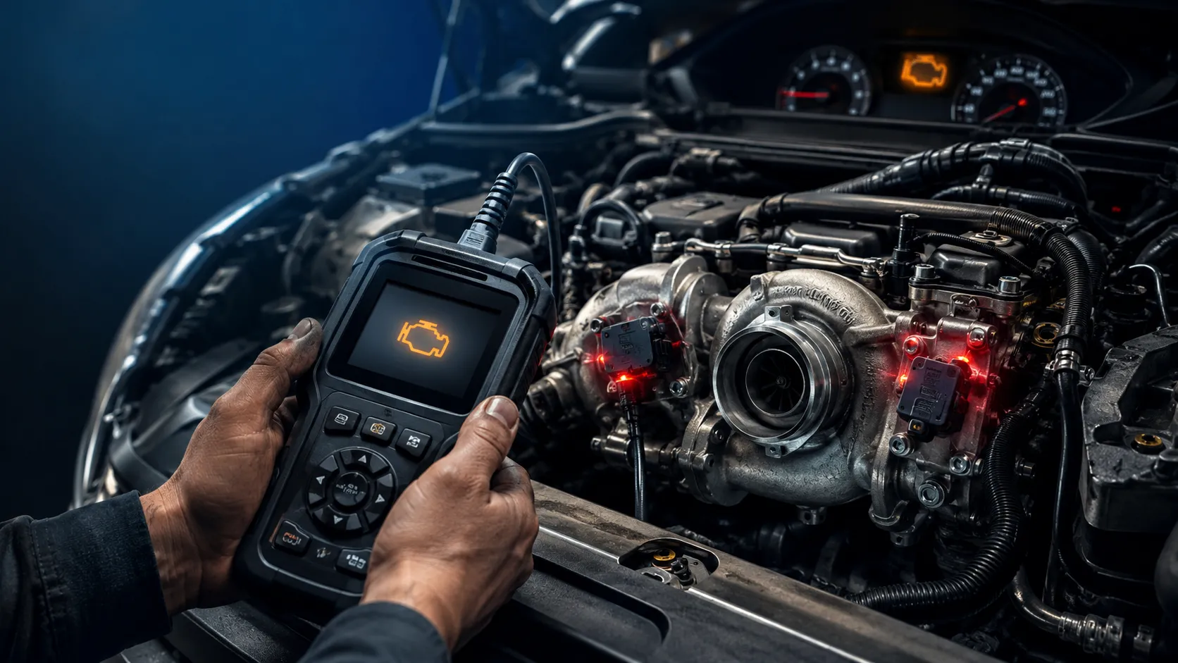 Mécanicien utilisant un scanner OBD2 pour diagnostiquer le code défaut P2562 sur le turbocompresseur d'un moteur Peugeot HDi en atelier.