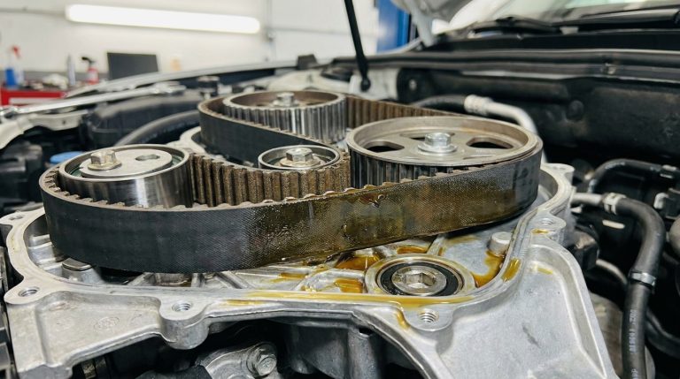 Vue en gros plan d'une courroie de distribution de moteur automobile imprégnée d'huile moteur dans un atelier.
