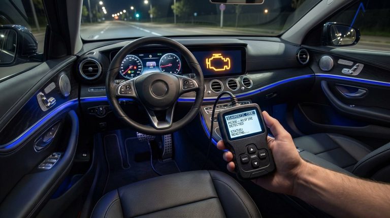 Une main tenant un outil de diagnostic OBD2 dans l'habitacle d'une voiture affichant un voyant moteur allumé.