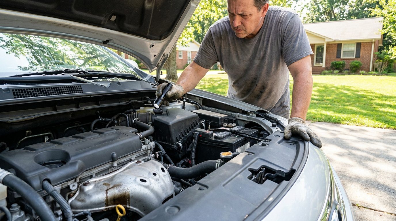 Un homme mécanicien inspecte le moteur ouvert d'une voiture avec une lampe torche.