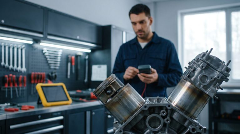 Un mécanicien analyse un bloc moteur démonté à l'aide d'un multimètre dans un atelier professionnel.
