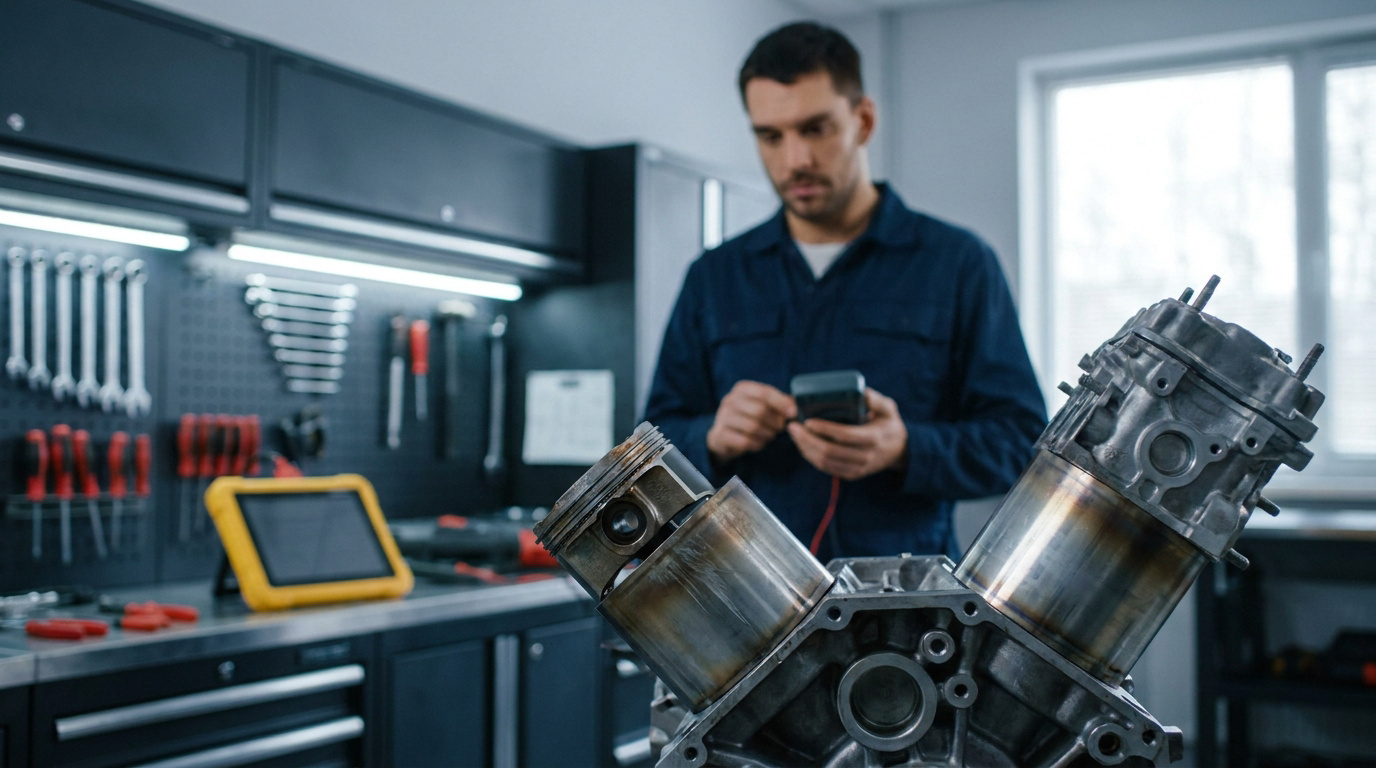 Un mécanicien analyse un bloc moteur démonté à l'aide d'un multimètre dans un atelier professionnel.