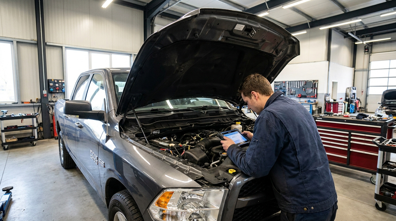Un mécanicien utilise une tablette de diagnostic sur le moteur ouvert d'un pick-up gris dans un garage.