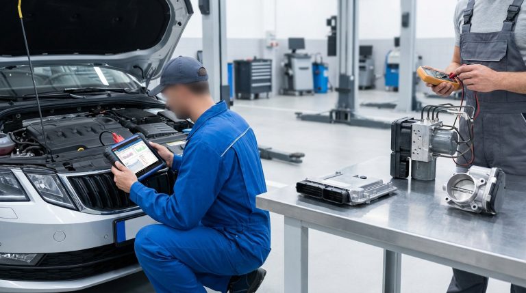 Mécanicien utilisant une tablette de diagnostic sur une voiture pendant qu'un collègue teste des composants électroniques.