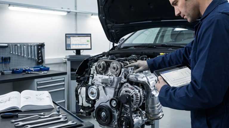 Un mécanicien analyse un moteur 1.6 THP avec une tablette numérique dans un atelier automobile moderne.