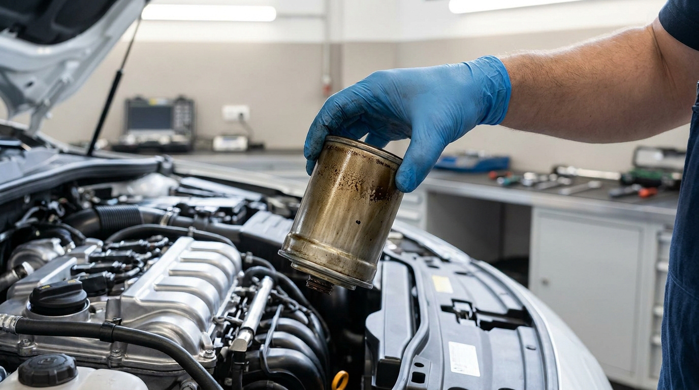 Un mécanicien portant des gants bleus tient un filtre à gasoil usagé au-dessus d'un moteur de voiture ouvert.