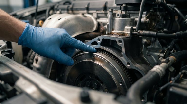 Un mécanicien en gants bleus inspectant le volant moteur d'un véhicule.
