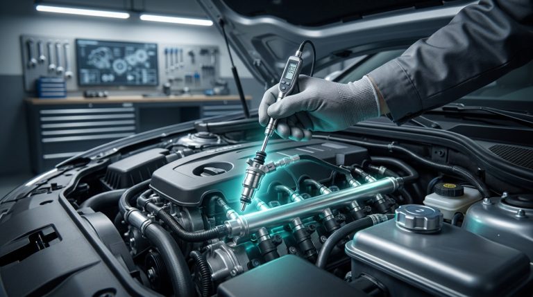 Mécanicien utilisant un outil de diagnostic électronique sur un injecteur de moteur automobile dans un garage moderne.