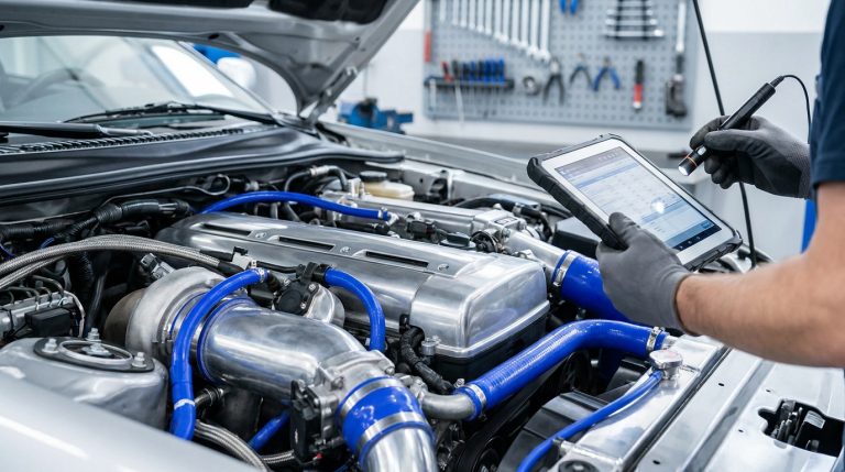 Un mécanicien en gants de travail utilise une tablette tactile pour diagnostiquer un moteur de voiture ouvert en atelier.