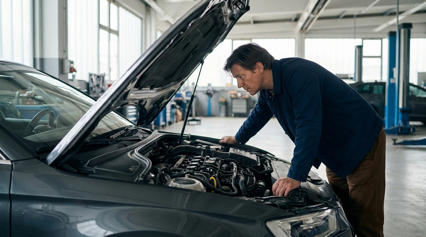 Un mécanicien en veste bleue examine attentivement le moteur d'une voiture grise au capot ouvert dans un garage.