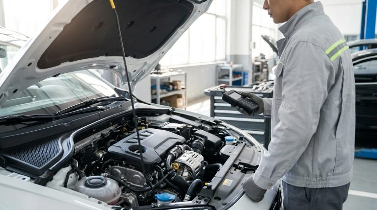 Un mécanicien utilisant un outil de diagnostic électronique sur le moteur ouvert d'une voiture blanche dans un garage.