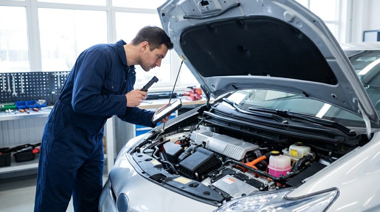 Un mécanicien examine le moteur ouvert d'une voiture hybride avec une lampe torche et une tablette.