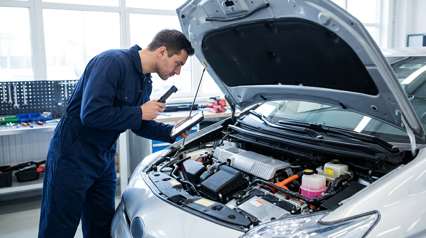 Un mécanicien examine le moteur ouvert d'une voiture hybride avec une lampe torche et une tablette.