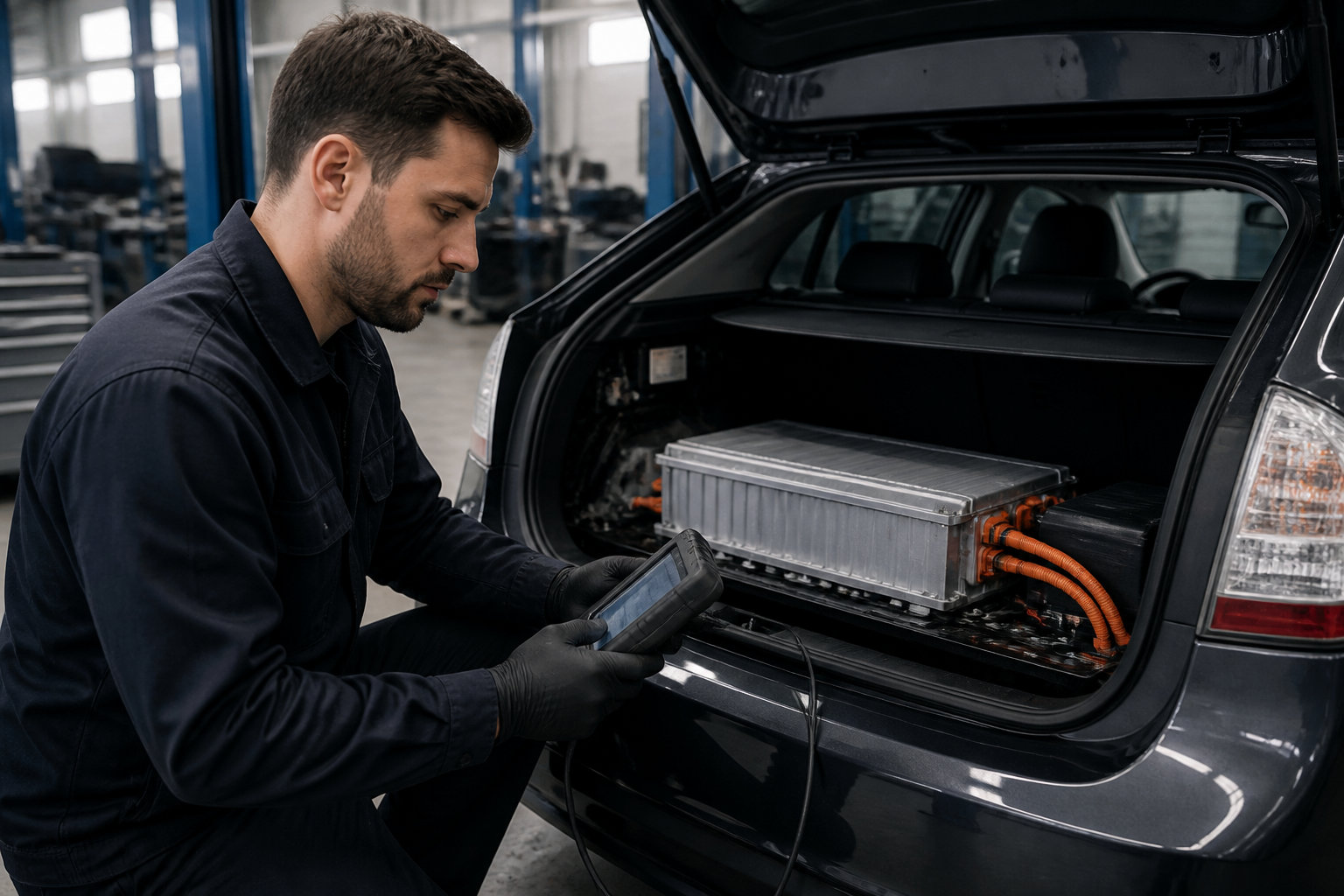 Mécanicien effectuant un bilan de santé batterie hybride