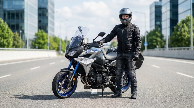 Un motard en équipement complet posant debout à côté de sa moto grise et bleue sur une route bordée de bureaux.