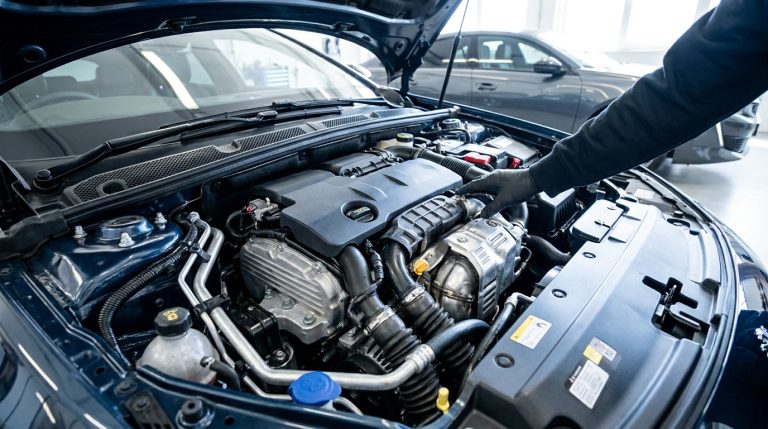 Un mécanicien inspecte le compartiment moteur d'une voiture avec le capot ouvert.