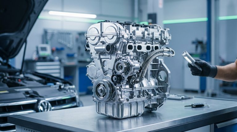 Un moteur de voiture propre sur un établi avec un mécanicien l'inspectant avec une lampe torche dans un garage.