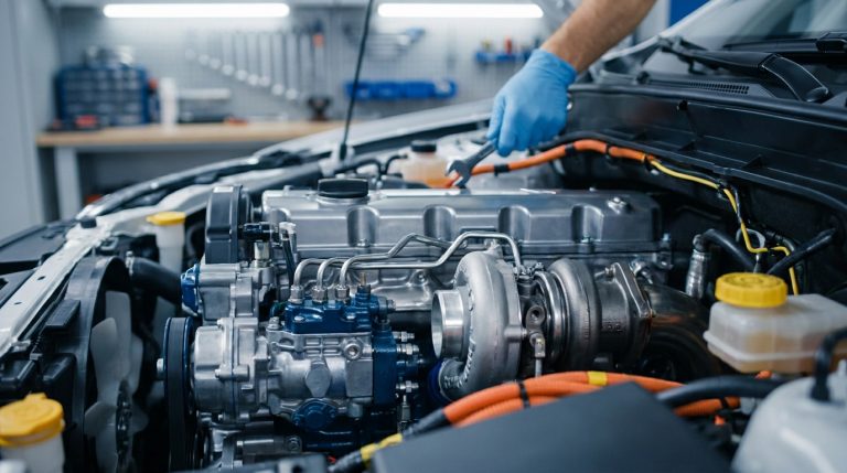 Un mécanicien en gants bleus répare le moteur d'une voiture dans un atelier automobile moderne.