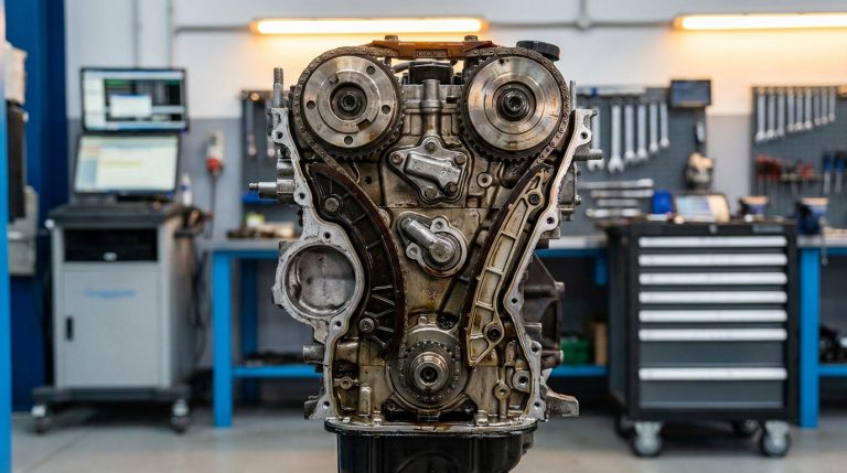 Vue frontale d'un moteur BMW N47 ouvert dans un atelier, exposant le mécanisme complexe de la chaîne de distribution.