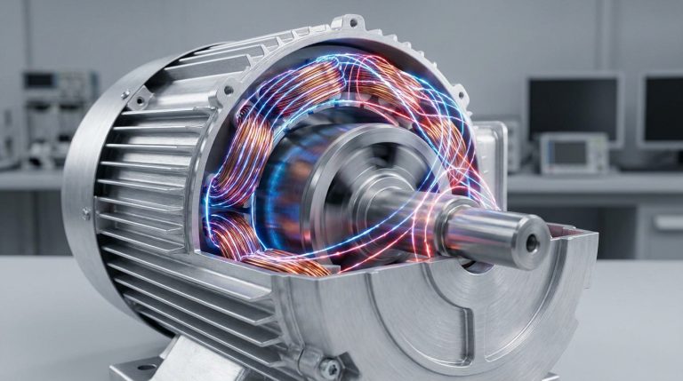 Coupe transversale d'un moteur électrique montrant des bobinages en cuivre avec des flux d'énergie rouge et bleu.