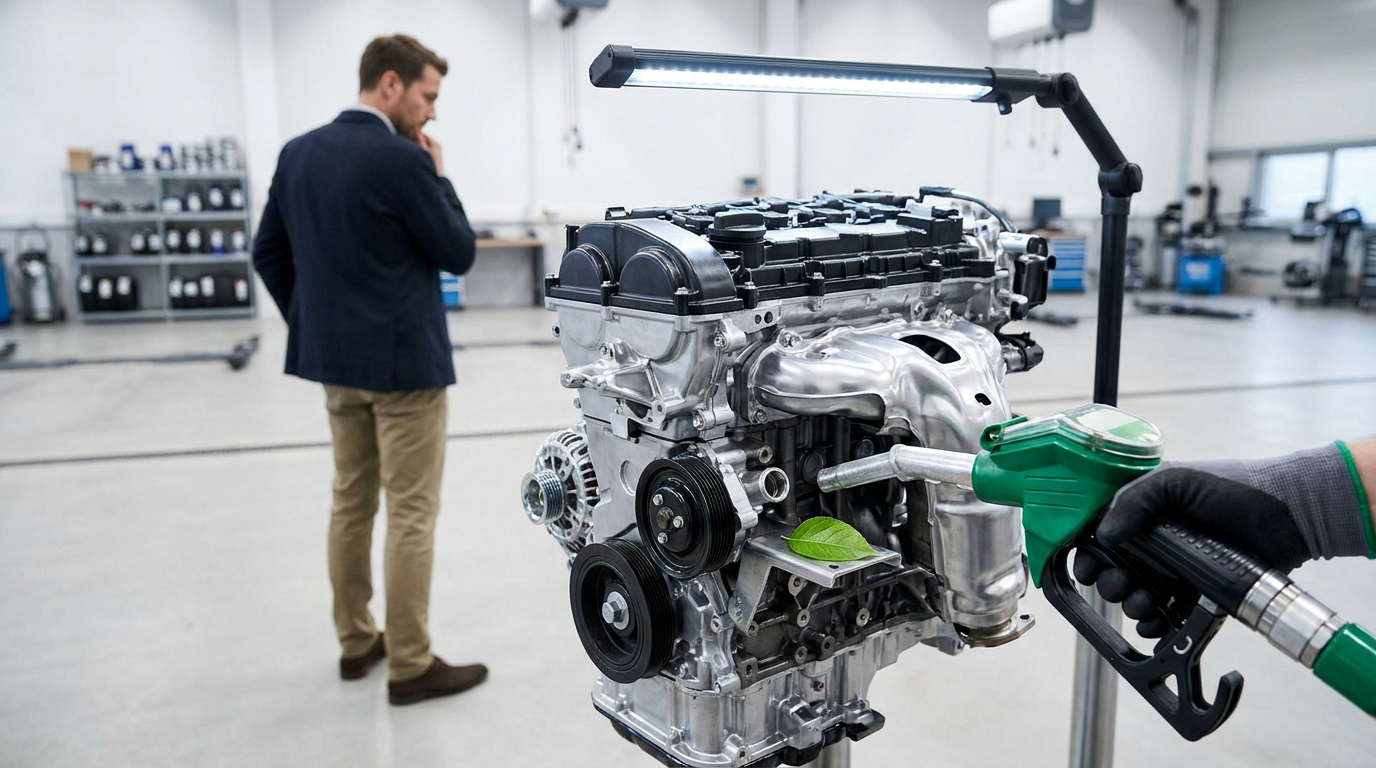 Un moteur automobile exposé avec une feuille verte dessus, tandis qu'un homme en costume observe en arrière-plan.