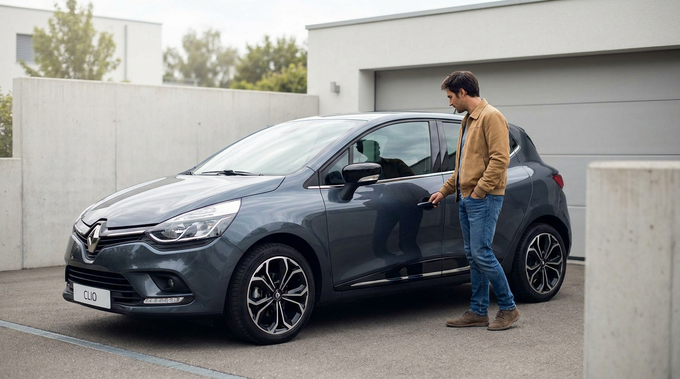 Un homme s'apprête à monter dans une Renault Clio 4 grise garée devant un garage moderne.