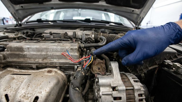 Un mécanicien pointe du doigt des câbles électriques sectionnés par un rongeur dans le moteur d'une voiture.