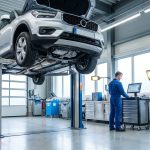 Un mécanicien inspectant une voiture sur un pont élévateur dans un garage automobile moderne.