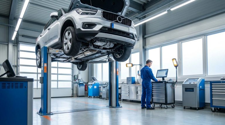 Un mécanicien inspectant une voiture sur un pont élévateur dans un garage automobile moderne.