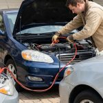 Un homme en veste beige branche des câbles de démarrage sur la batterie d'une voiture bleue garée dans une allée.