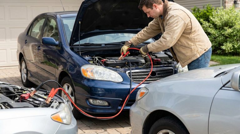 Un homme en veste beige branche des câbles de démarrage sur la batterie d'une voiture bleue garée dans une allée.