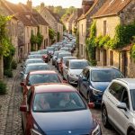 Un vieil homme regarde avec surprise une file ininterrompue de voitures bloquant une étroite rue de village en pierre.